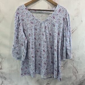 J Jill T Shirt Womens XL Blue Purple Paisley Long Wide Flared Sleeve V